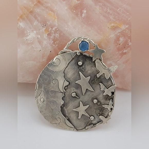 (SOLD) MADE UPON REQUEST KYANITE MOON & STARS PENDANT HANDMADE N STERLING SILVER - Picture 1 of 6